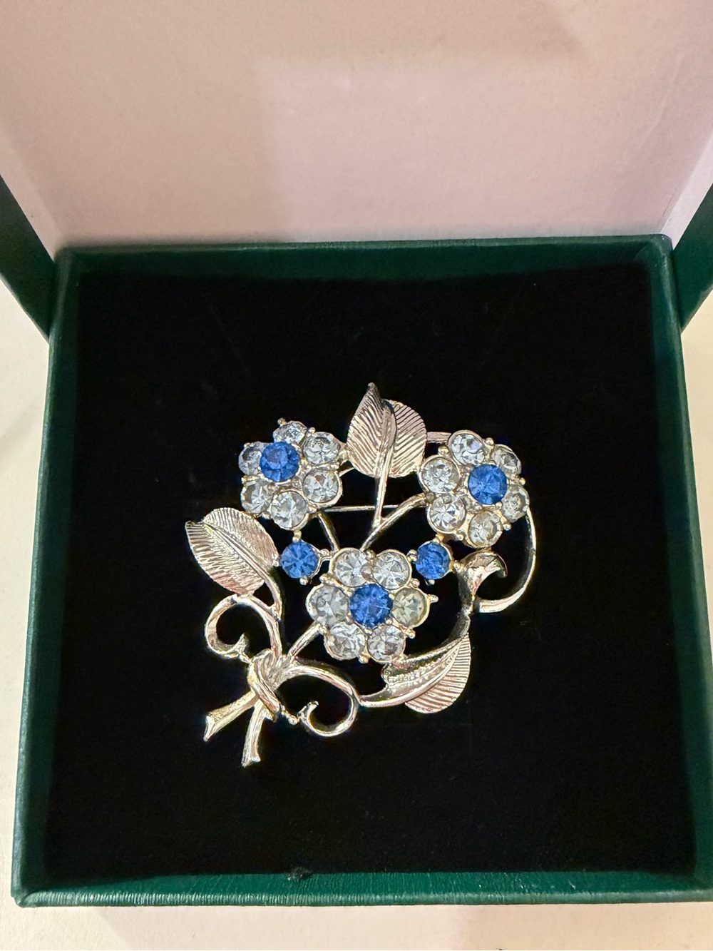 Vintage Coro Blue Sapphire Rhinestone Floral Brooch Silver Tone